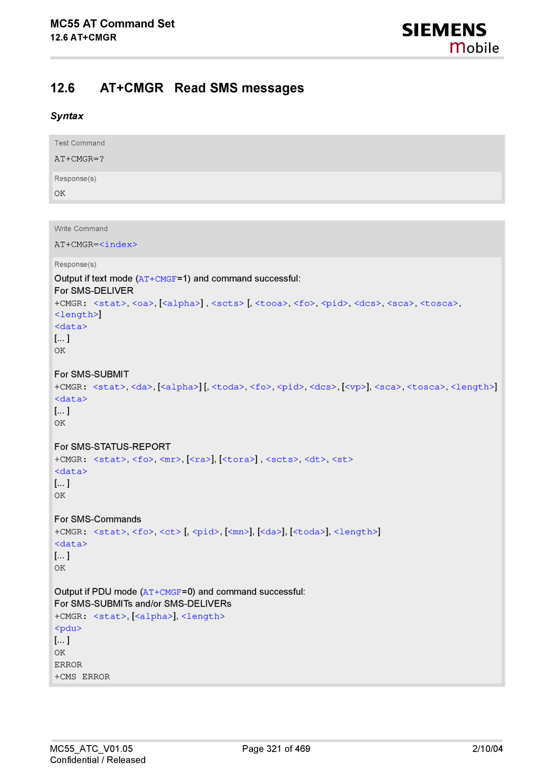 Siemens MC55 manual 12.6 AT+CMGR Read SMS messages, At+Cmgr=?, +CMGR stat, fo, mr, ra, tora , scts, dt, st data 