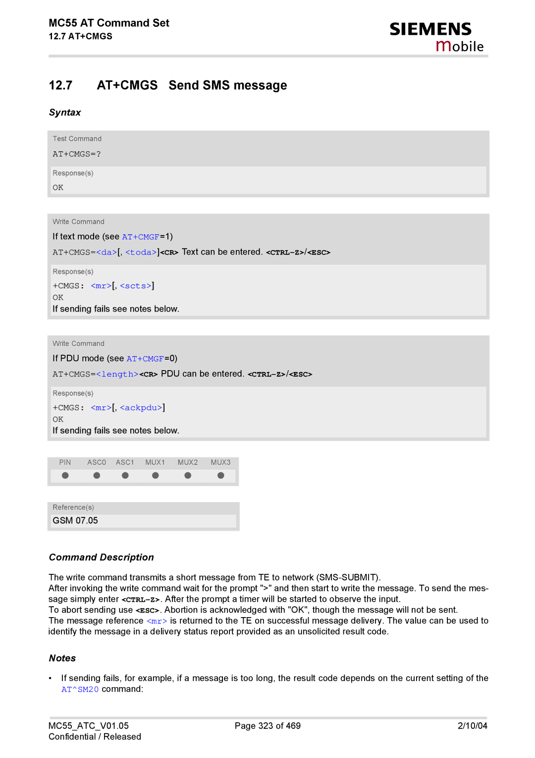 Siemens MC55 manual 12.7 AT+CMGS Send SMS message, At+Cmgs=?, +CMGS mr, scts, +CMGS mr, ackpdu 