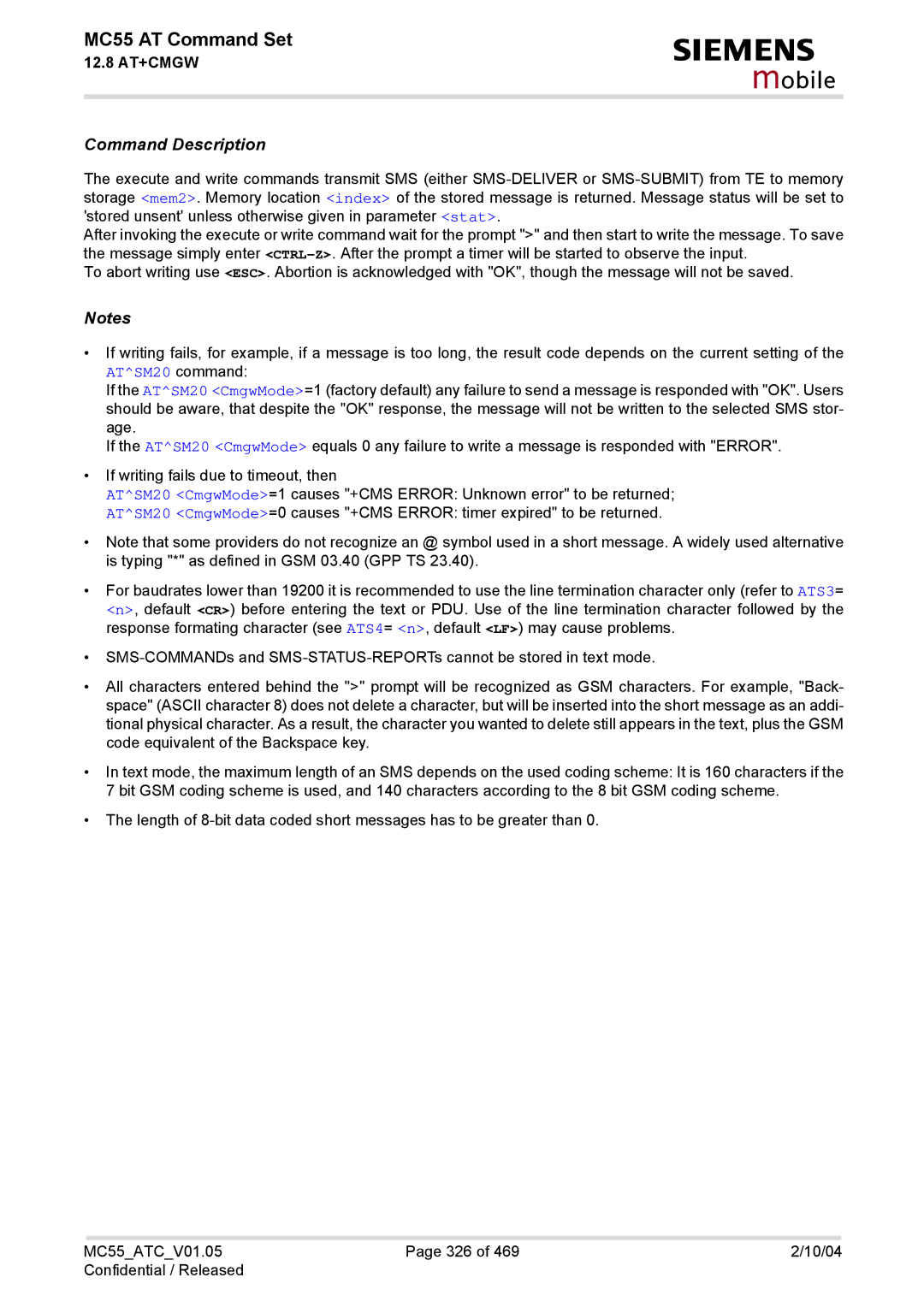 Siemens MC55 manual Command Description 