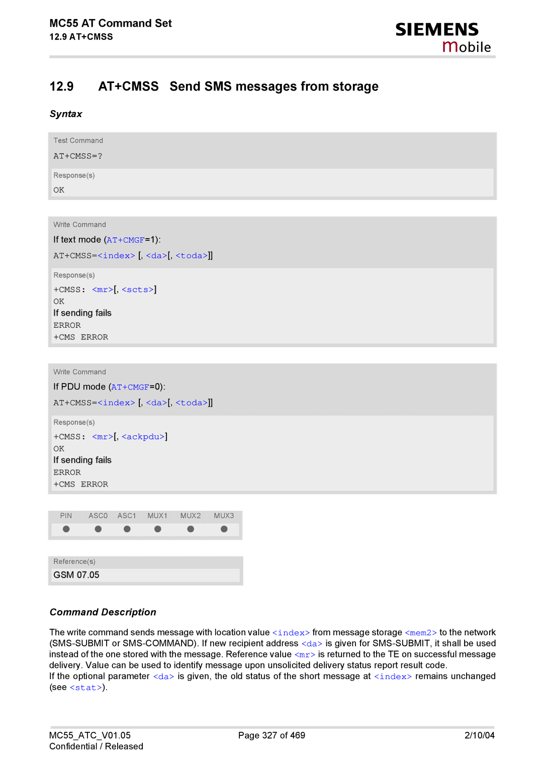 Siemens MC55 manual 12.9 AT+CMSS Send SMS messages from storage, At+Cmss=?, AT+CMSS=index , da, toda, +CMSS mr, scts 