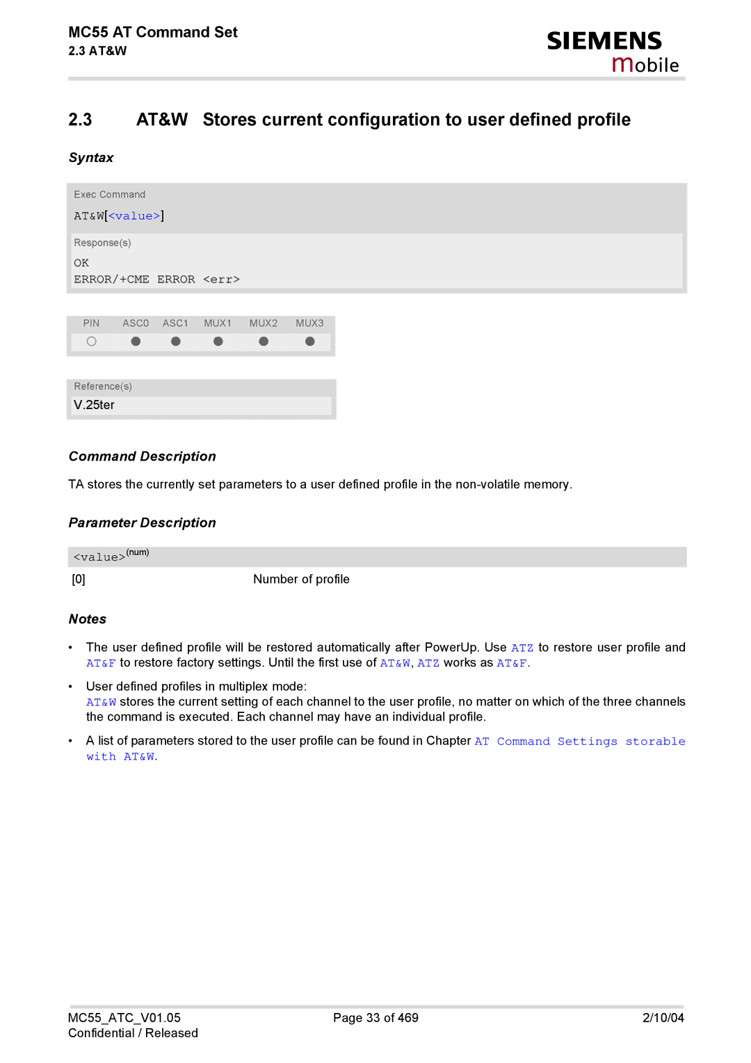 Siemens MC55 manual AT&Wvalue, ERROR/+CME Error err 