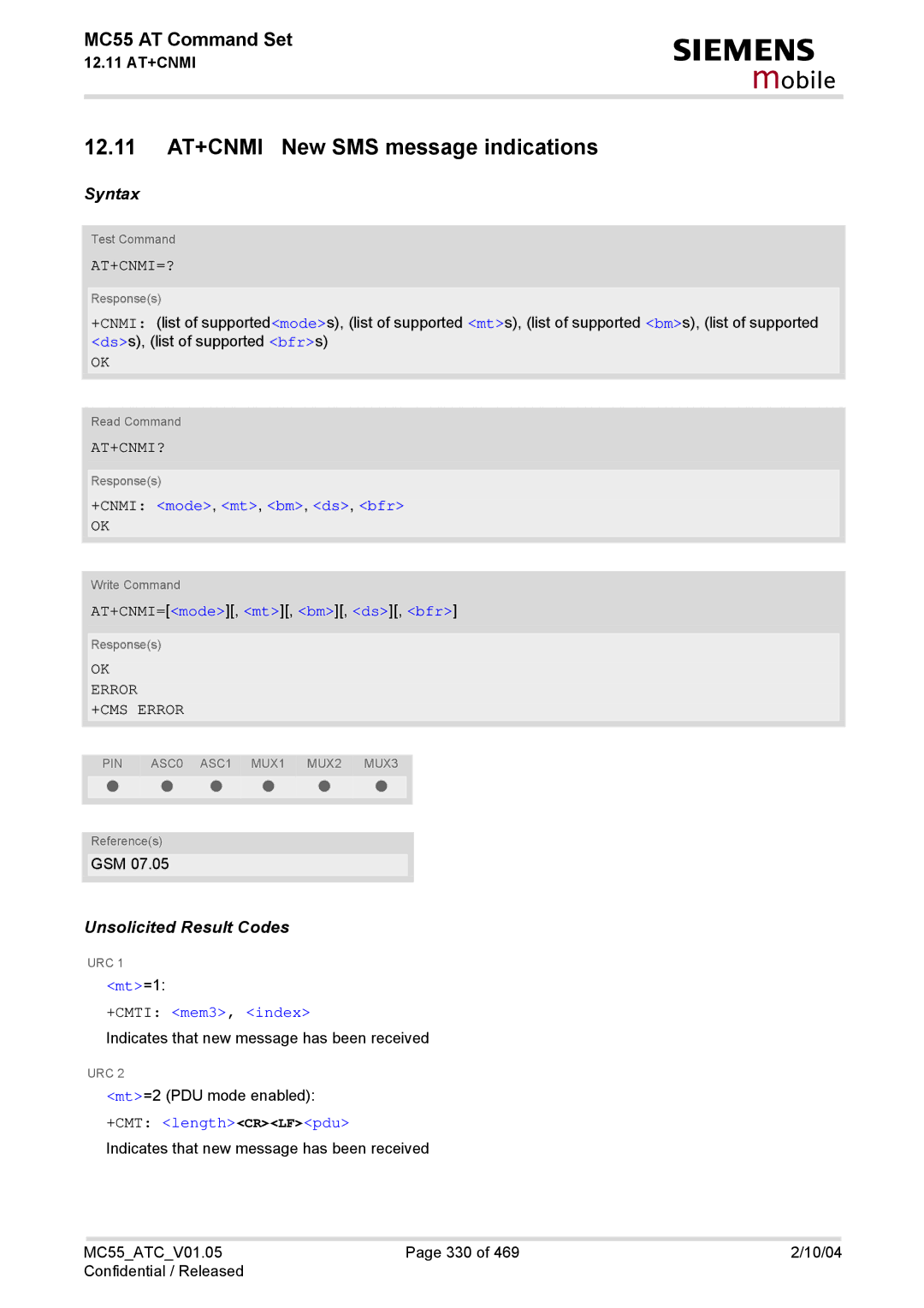 Siemens MC55 manual 12.11 AT+CNMI New SMS message indications, At+Cnmi=?, At+Cnmi? 