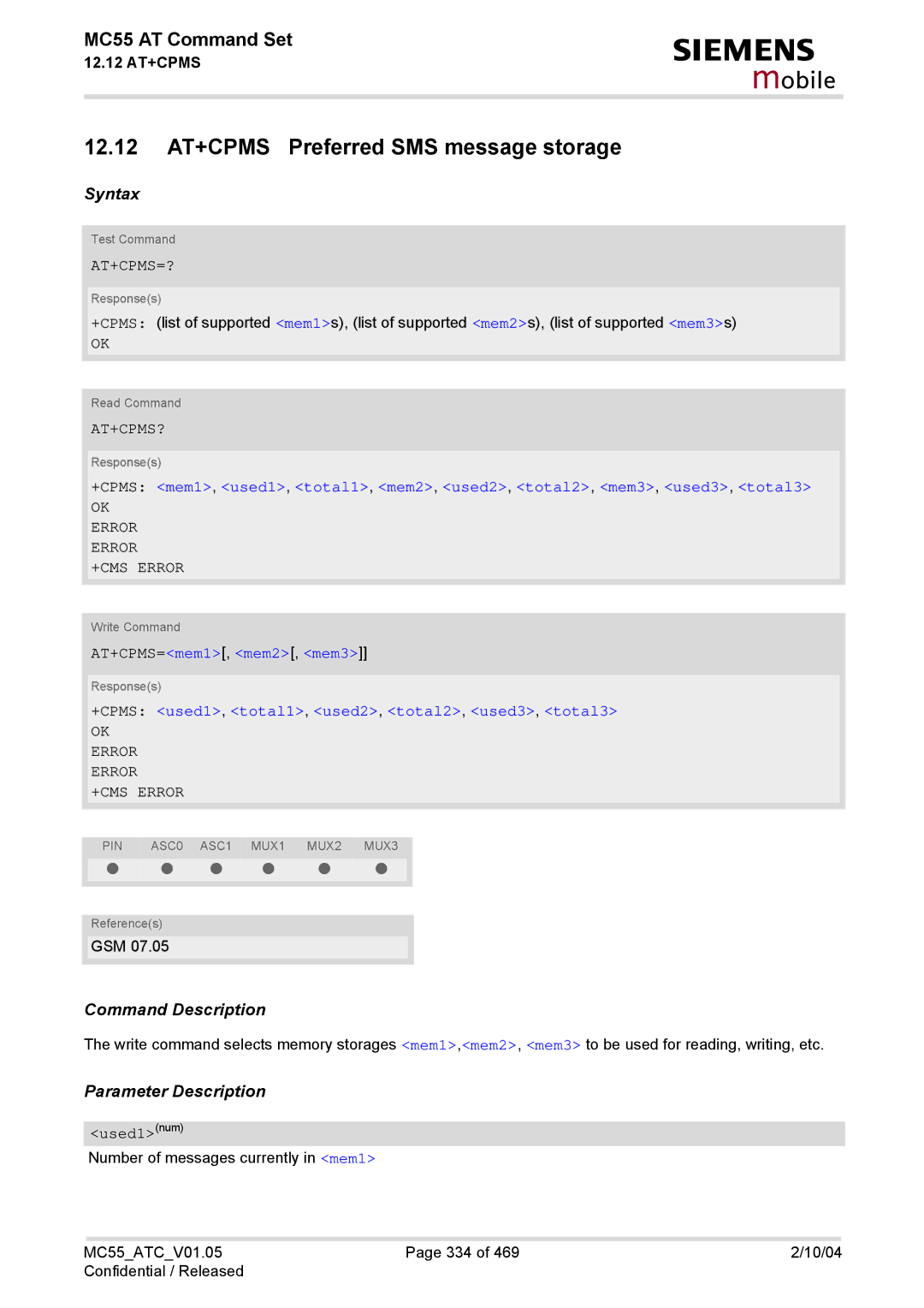 Siemens MC55 manual 12.12 AT+CPMS Preferred SMS message storage, At+Cpms=?, At+Cpms?, OK Error Error +CMS Error 