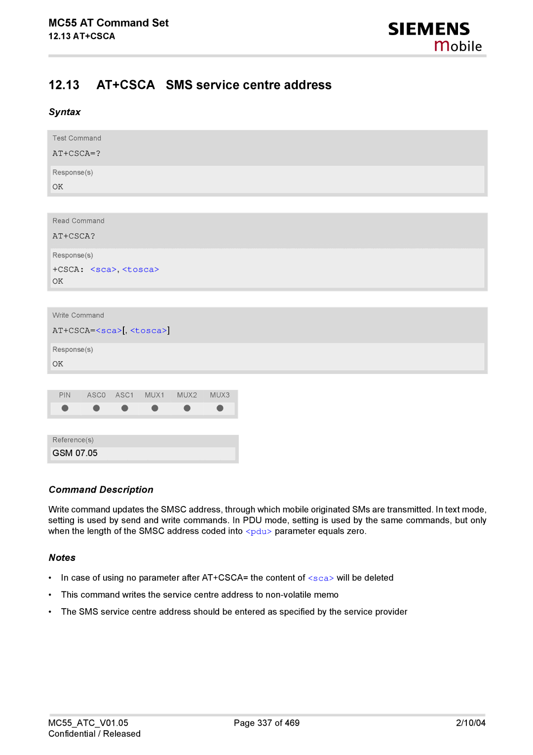 Siemens MC55 manual 12.13 AT+CSCA SMS service centre address, At+Csca=?, At+Csca?, +CSCA sca, tosca, AT+CSCA=sca, tosca 