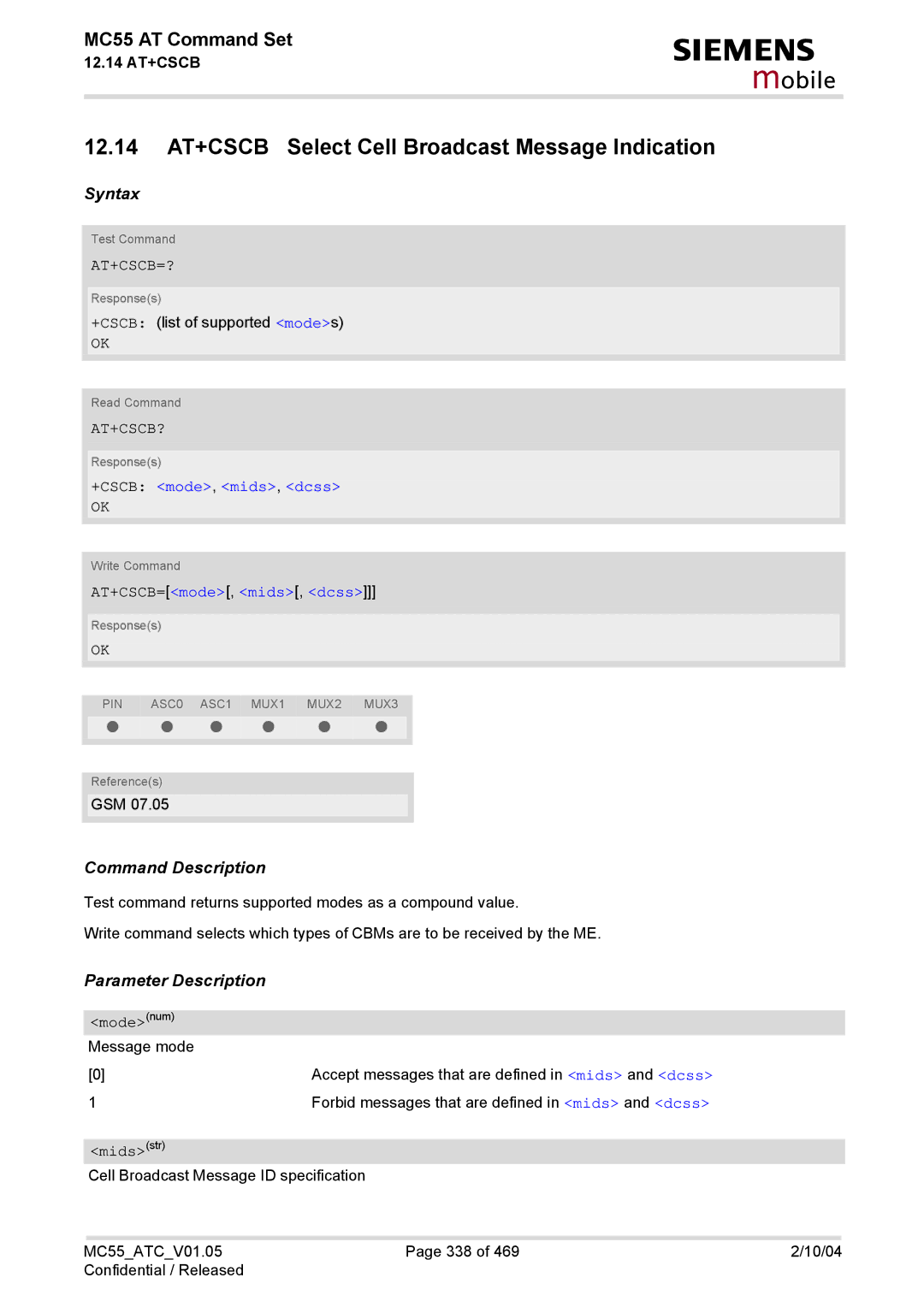 Siemens MC55 manual 12.14 AT+CSCB Select Cell Broadcast Message Indication, At+Cscb=?, At+Cscb?, +CSCB mode, mids, dcss 