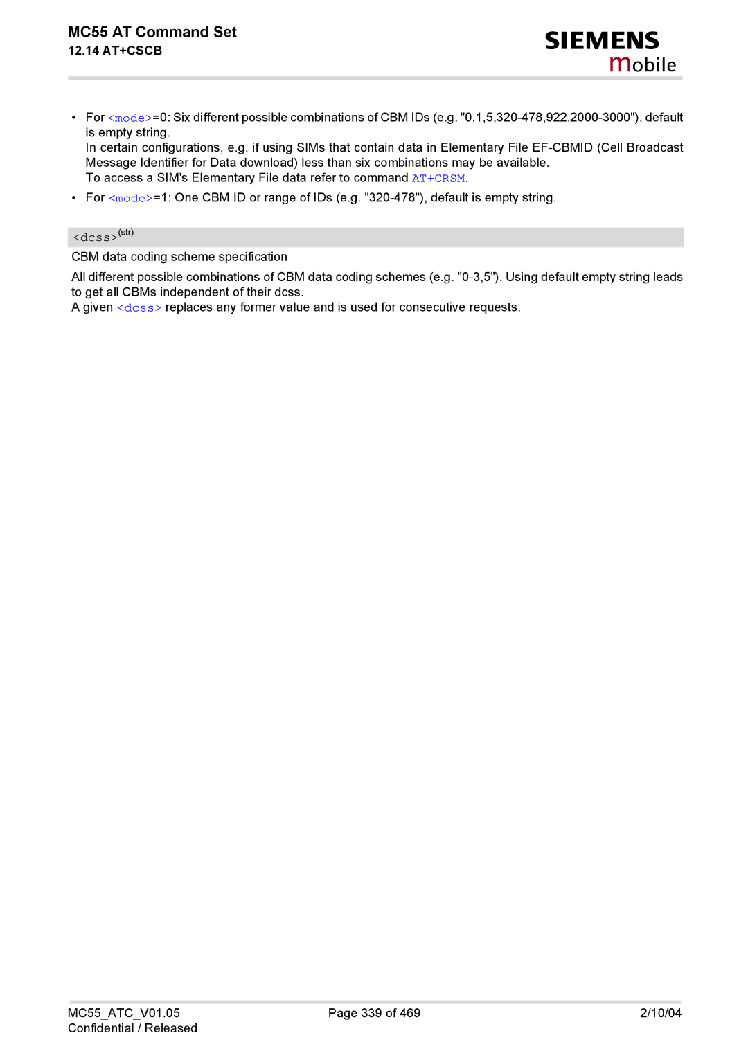 Siemens MC55 manual Dcssstr 