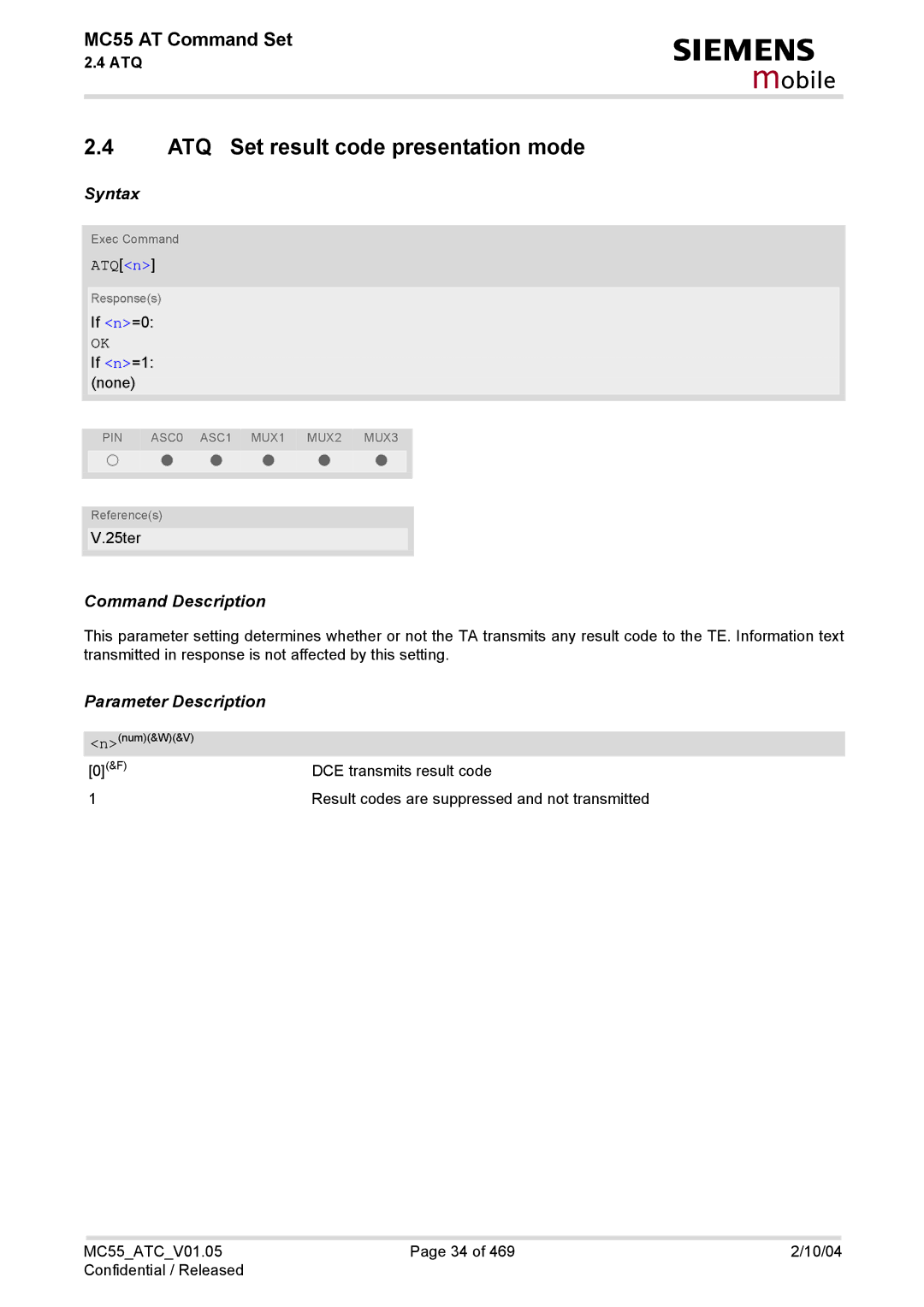 Siemens MC55 manual ATQ Set result code presentation mode, ATQn 