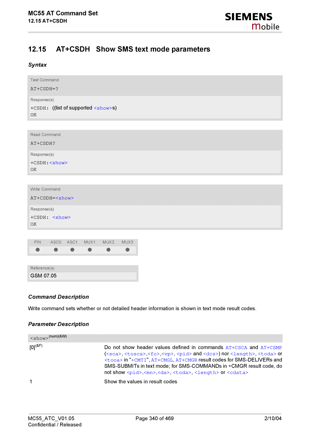 Siemens MC55 manual 12.15 AT+CSDH Show SMS text mode parameters, At+Csdh=?, At+Csdh? 