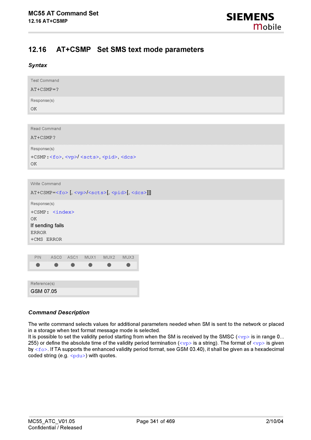 Siemens MC55 manual 12.16 AT+CSMP Set SMS text mode parameters, At+Csmp=?, At+Csmp?, +CSMPfo, vp/ scts, pid, dcs 