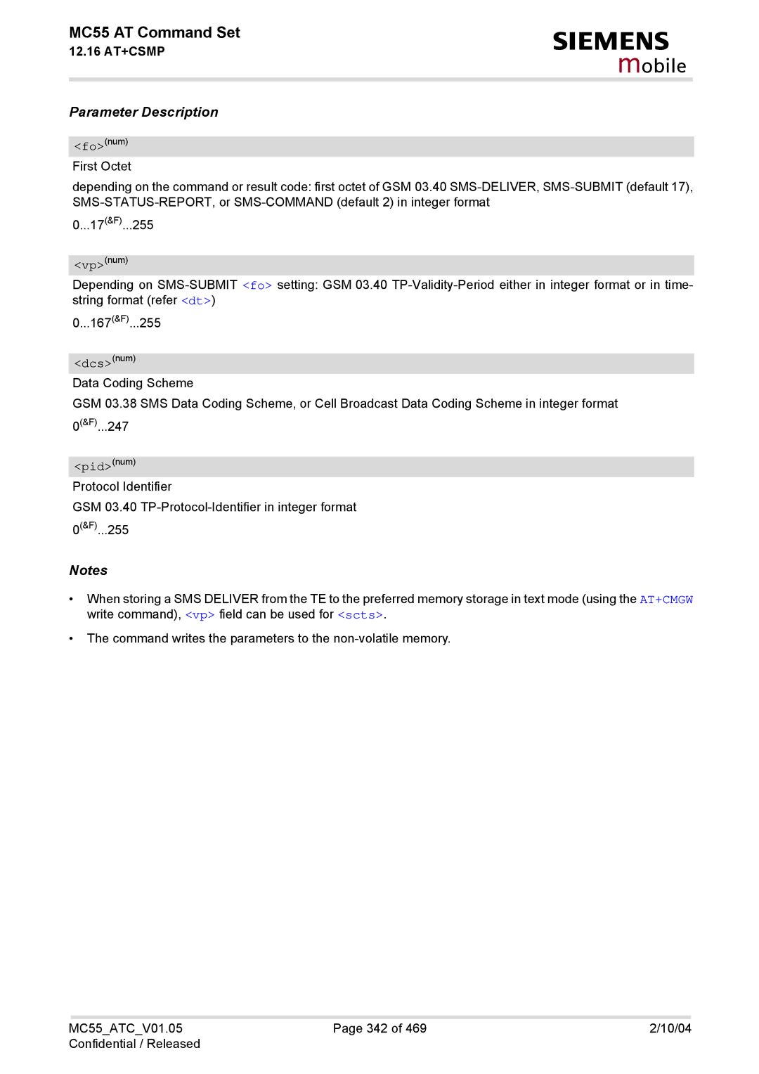 Siemens MC55 manual Dcsnum, Pidnum 