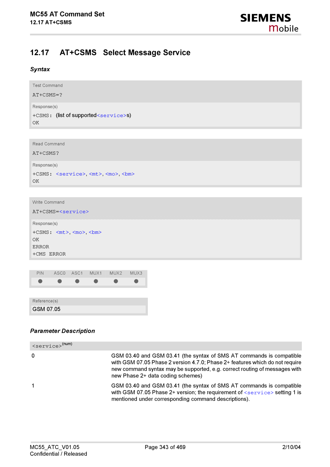 Siemens MC55 manual 12.17 AT+CSMS Select Message Service, At+Csms=?, At+Csms? 