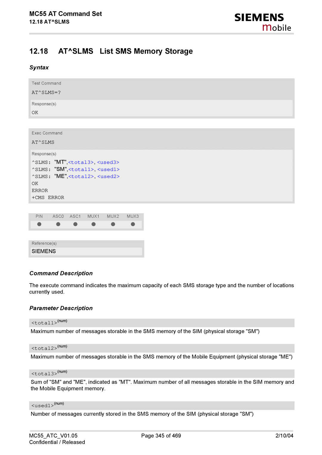 Siemens MC55 manual Atslms List SMS Memory Storage, Atslms=? 