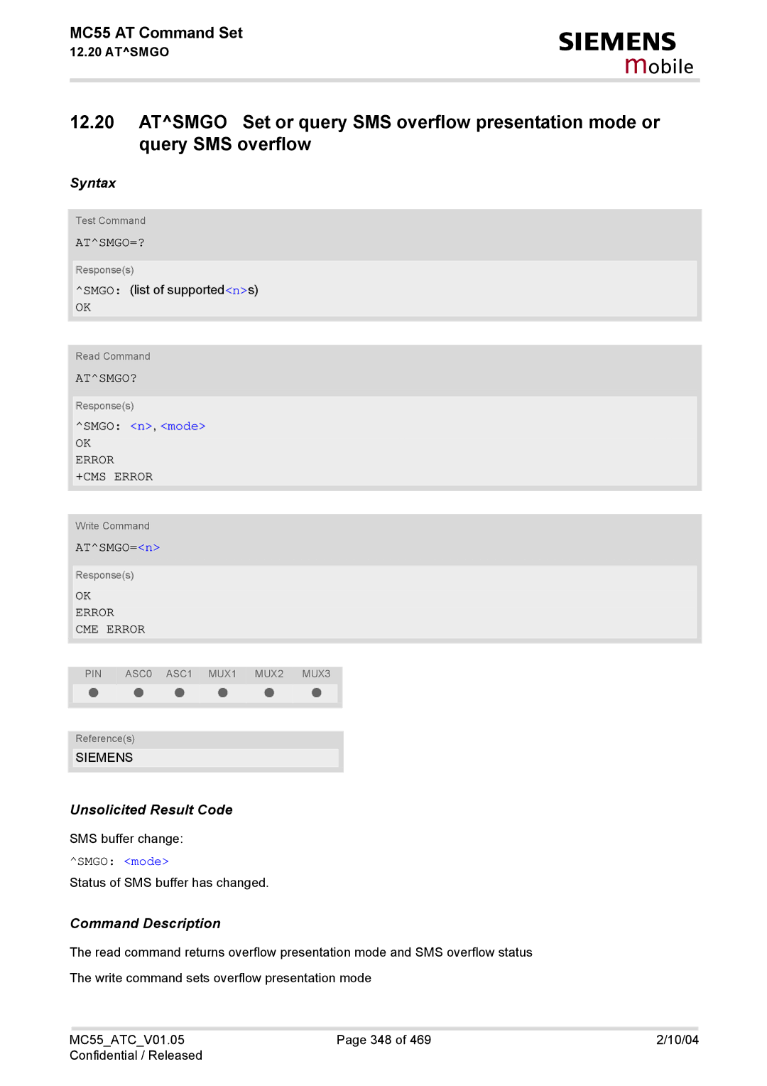 Siemens MC55 manual Atsmgo=?, Atsmgo?, Smgo n, mode, Error CME Error 