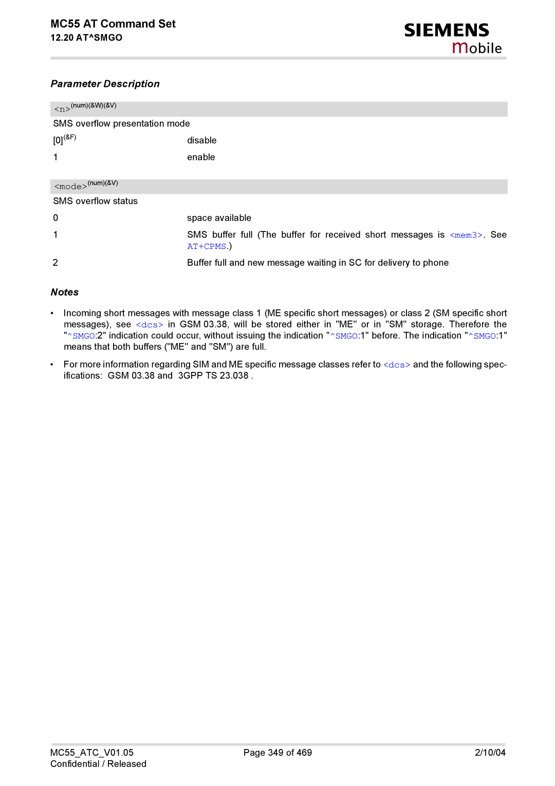 Siemens MC55 manual SMS overflow presentation mode 