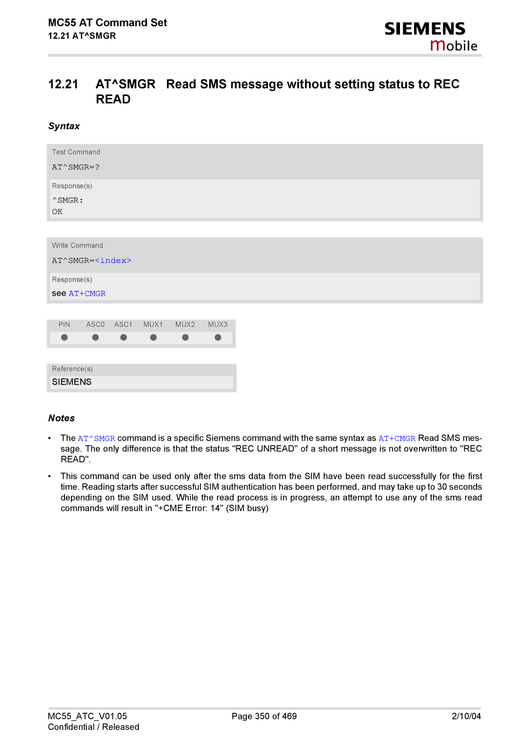 Siemens MC55 manual Atsmgr Read SMS message without setting status to REC Read, Atsmgr=?, Smgr, ATSMGR=index, See AT+CMGR 