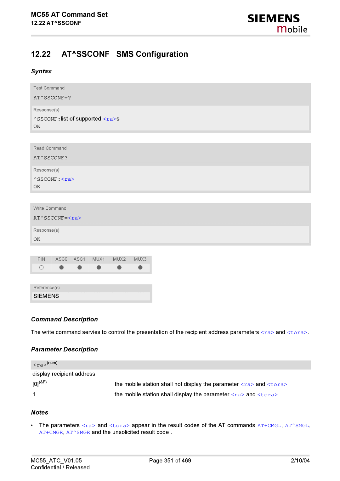 Siemens MC55 manual Atssconf SMS Configuration, Atssconf=?, Atssconf?, SSCONFra, ATSSCONF=ra 