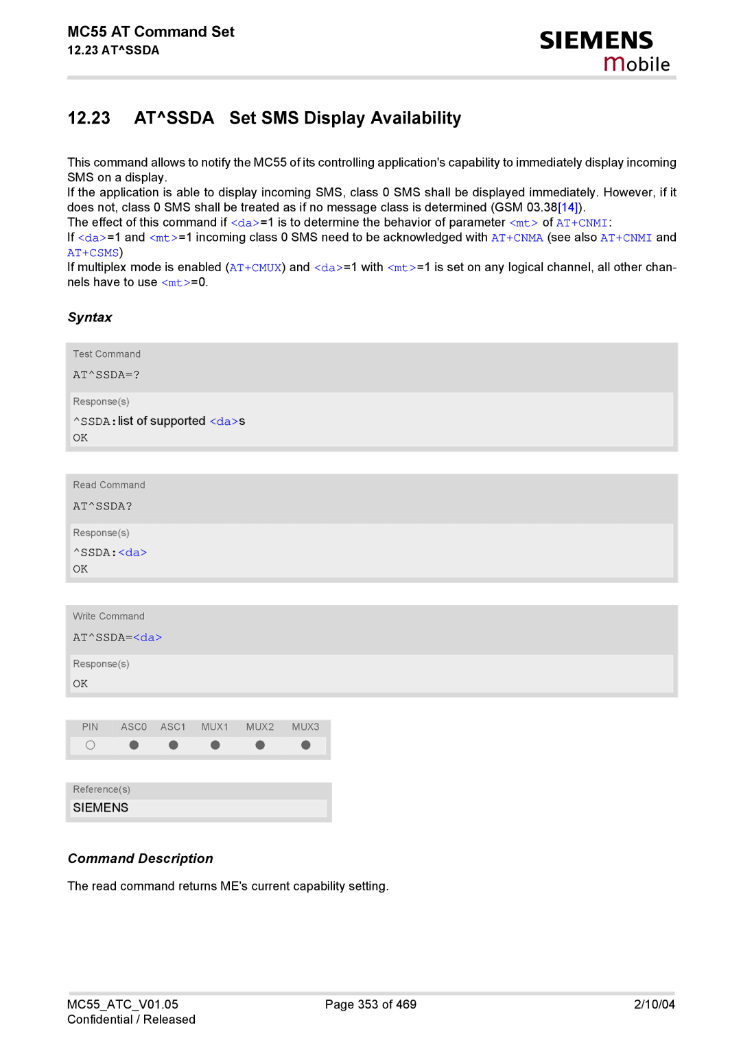 Siemens MC55 manual Atssda Set SMS Display Availability, Atssda=?, Atssda?, SSDAda, ATSSDA=da 