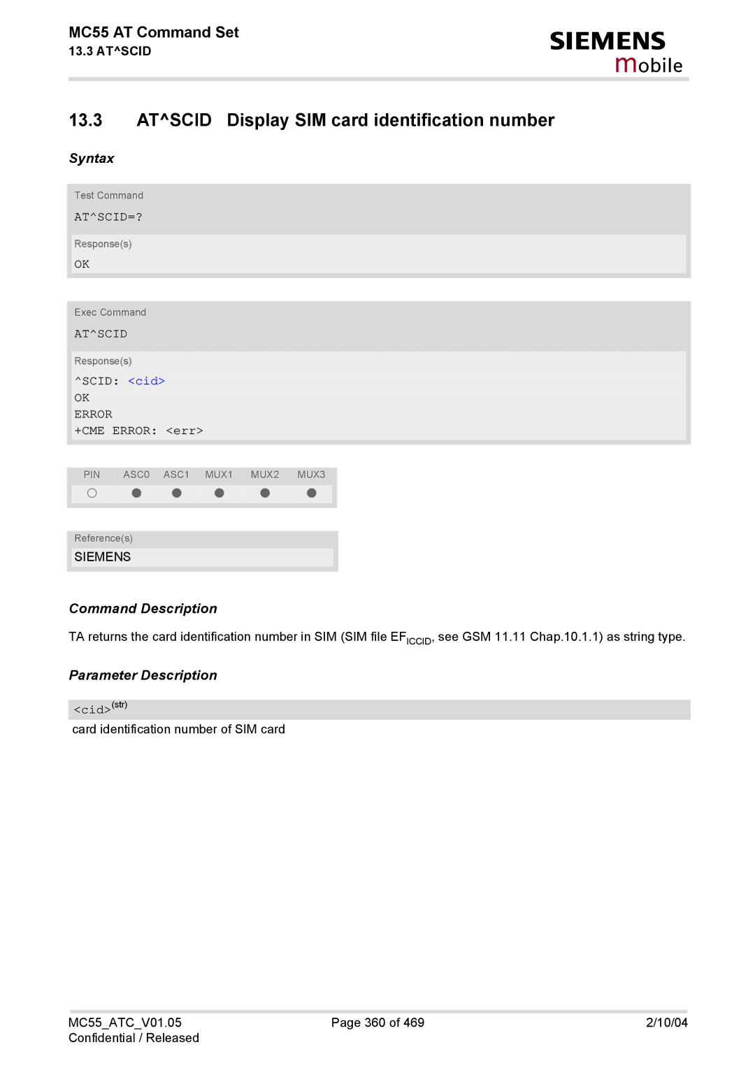 Siemens MC55 manual Atscid Display SIM card identification number, Atscid=?, Scid cid, Cidstr 