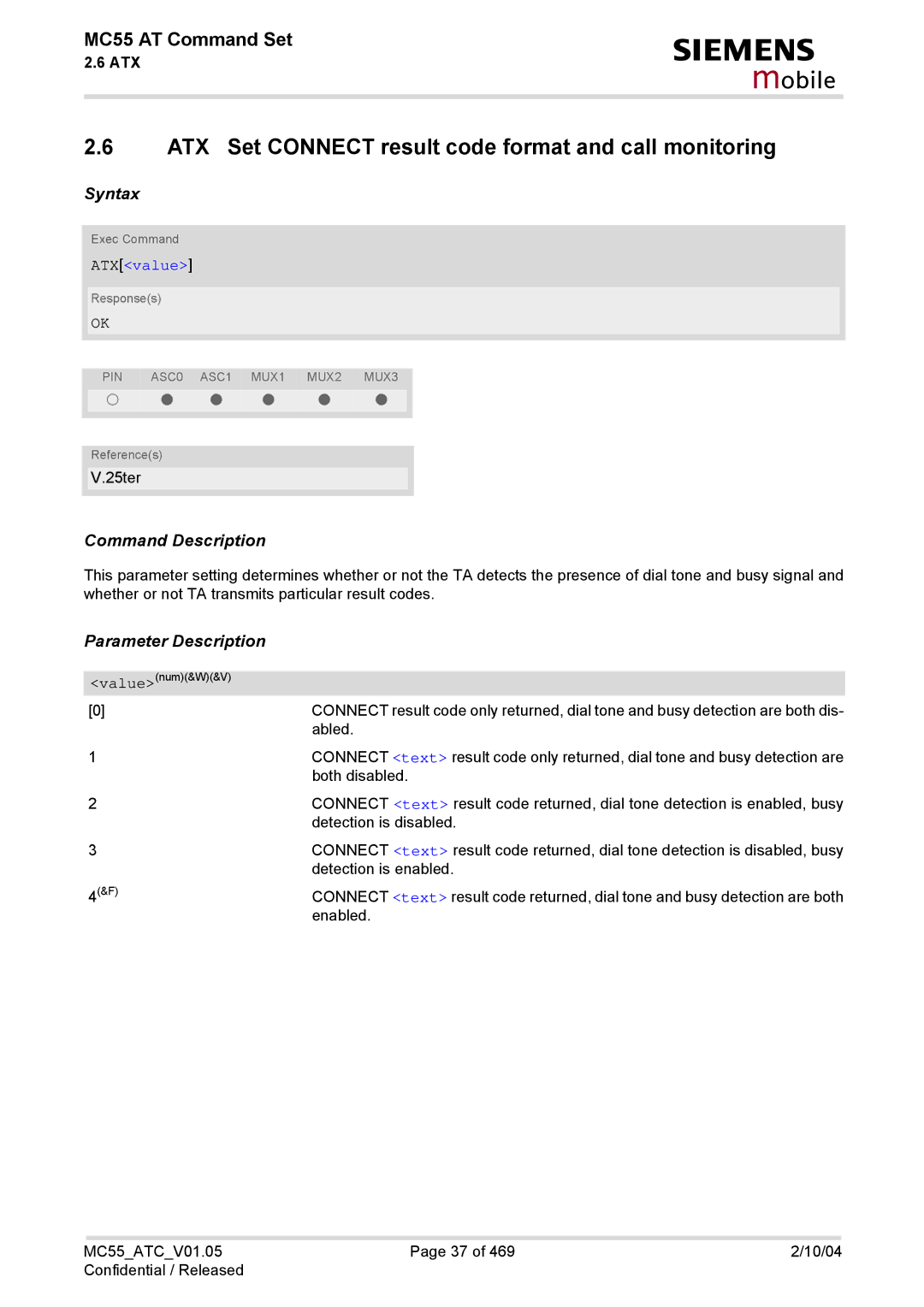 Siemens MC55 manual ATX Set Connect result code format and call monitoring, ATXvalue 