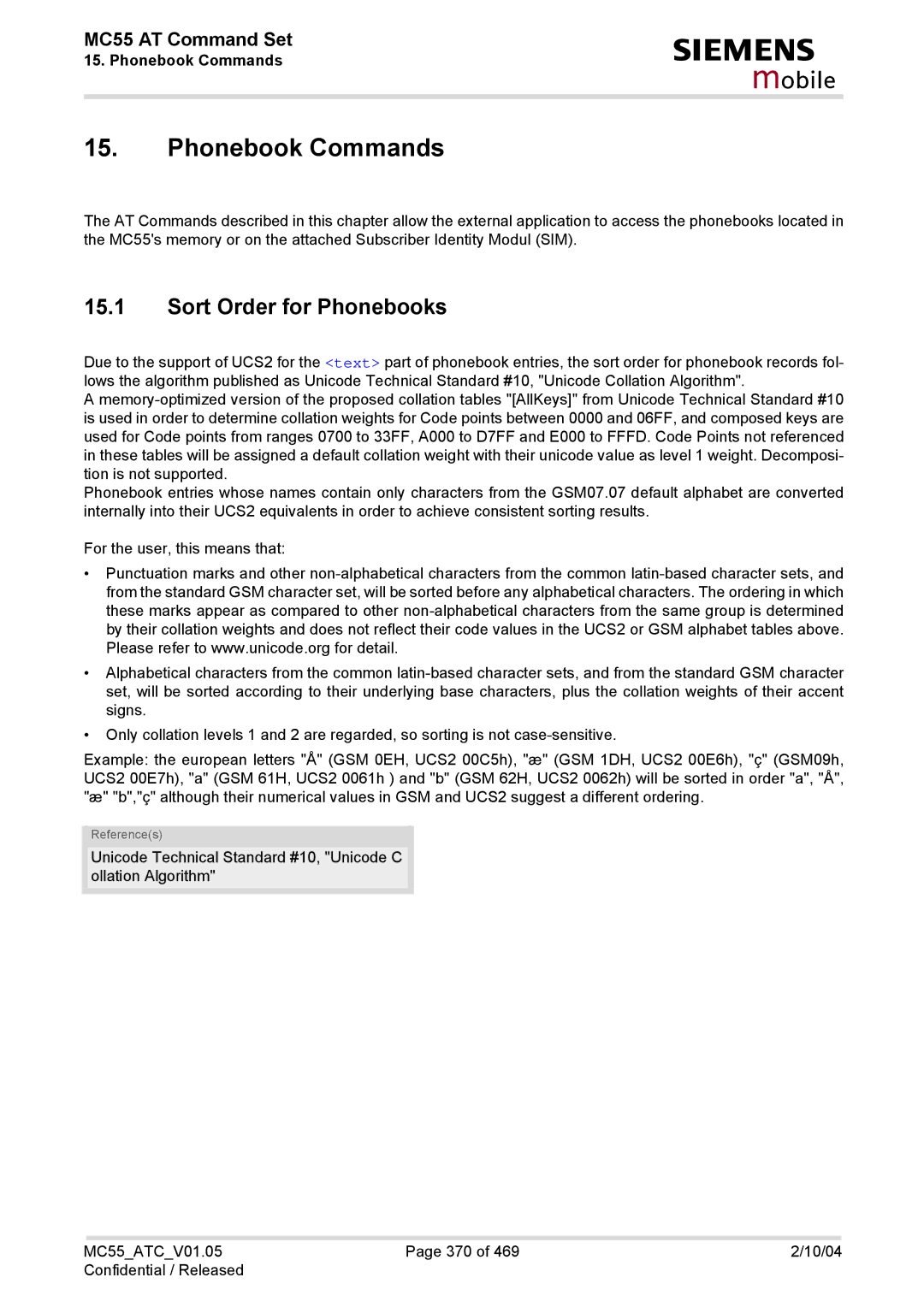 Siemens MC55 manual Phonebook Commands, Sort Order for Phonebooks 