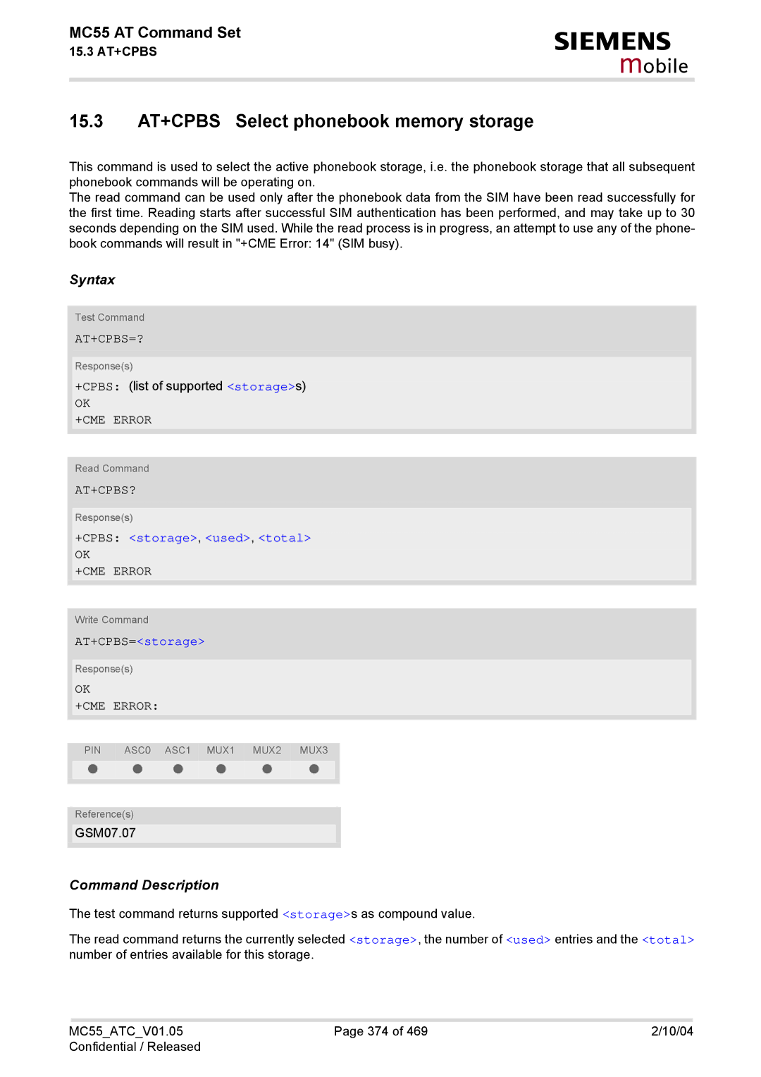 Siemens MC55 manual 15.3 AT+CPBS Select phonebook memory storage, At+Cpbs=?, At+Cpbs?, +CPBS storage, used, total 
