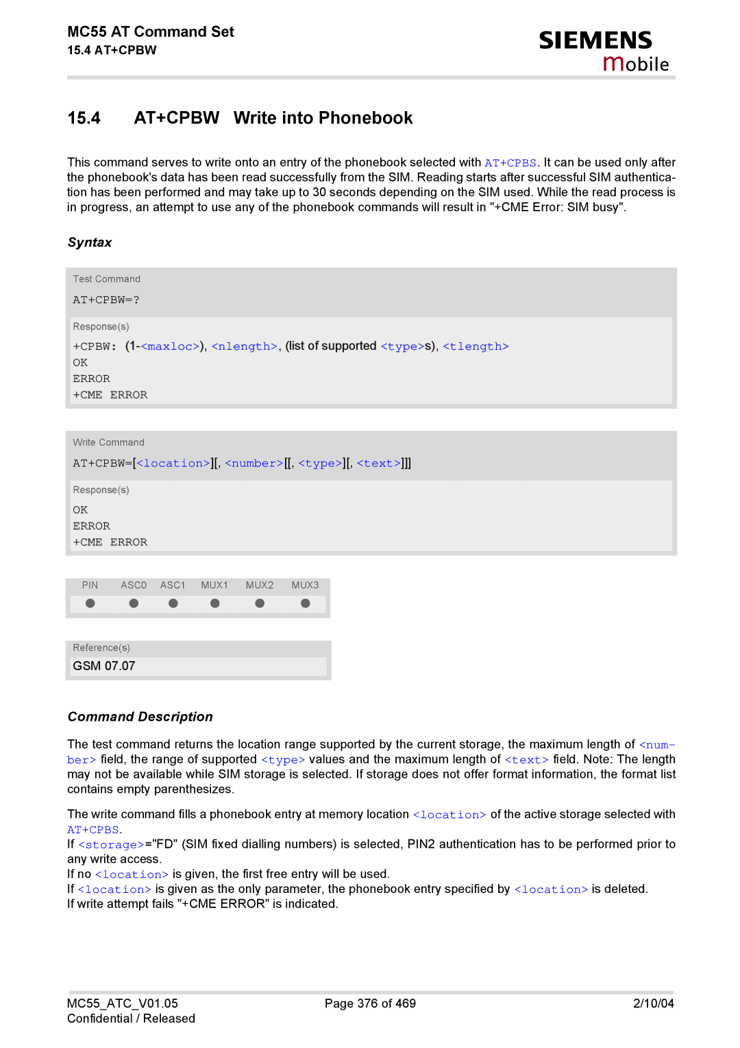 Siemens MC55 manual 15.4 AT+CPBW Write into Phonebook, At+Cpbw=?, +CPBW 1-maxloc,nlength, list of supported types, tlength 