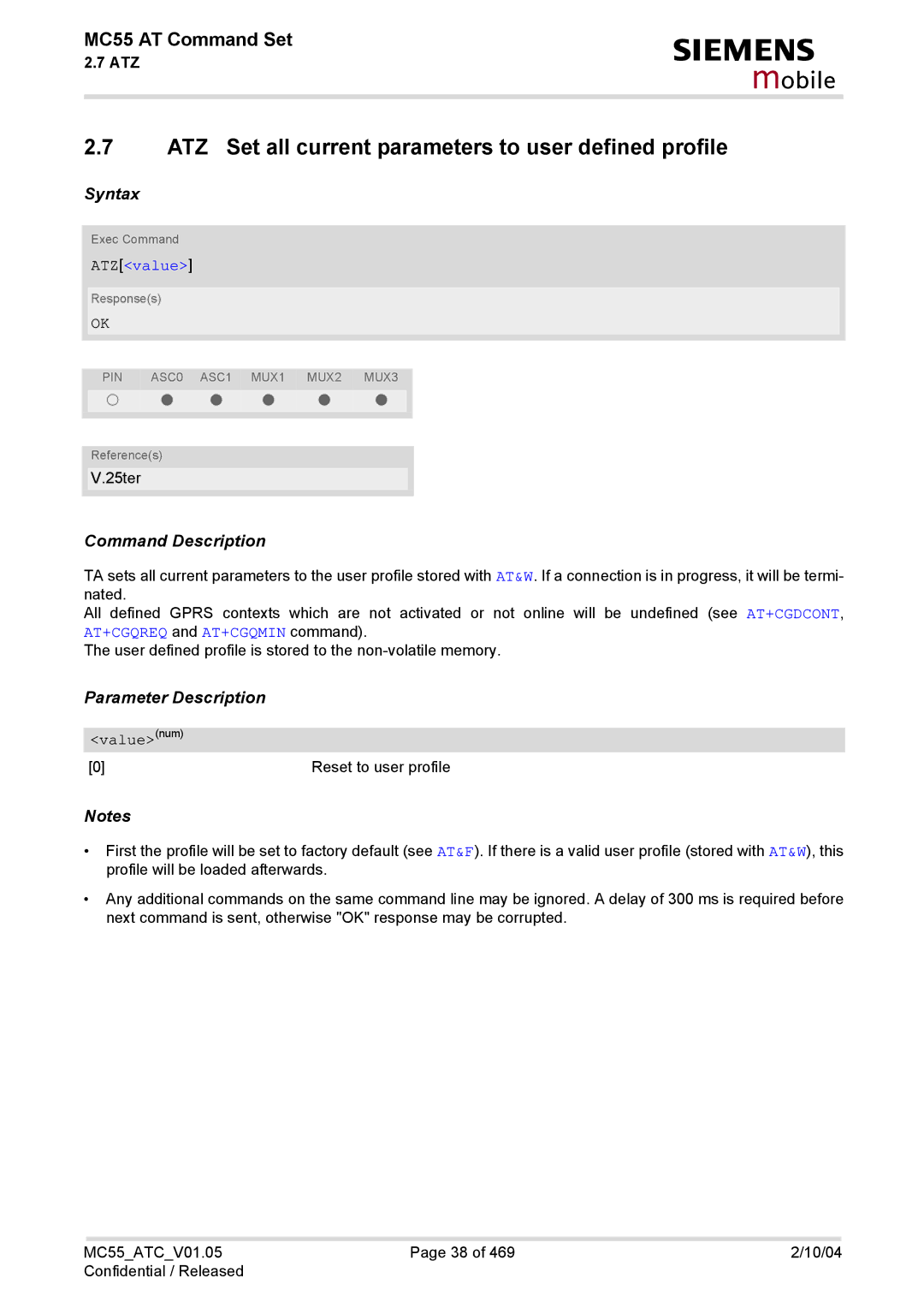 Siemens MC55 manual ATZ Set all current parameters to user defined profile, ATZvalue 