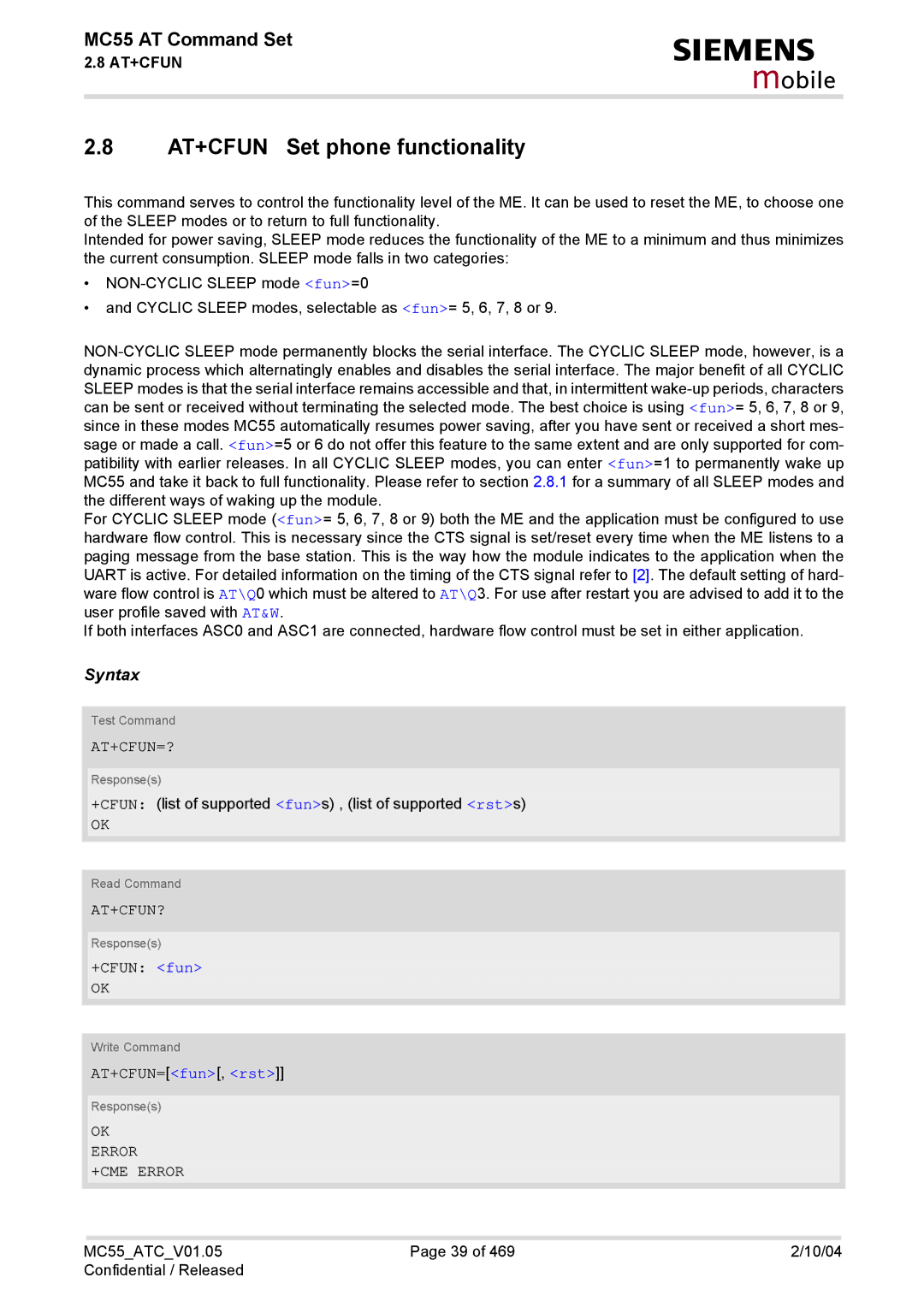 Siemens MC55 manual AT+CFUN Set phone functionality, At+Cfun=?, +CFUN fun, AT+CFUN=fun, rst, OK Error +CME Error 