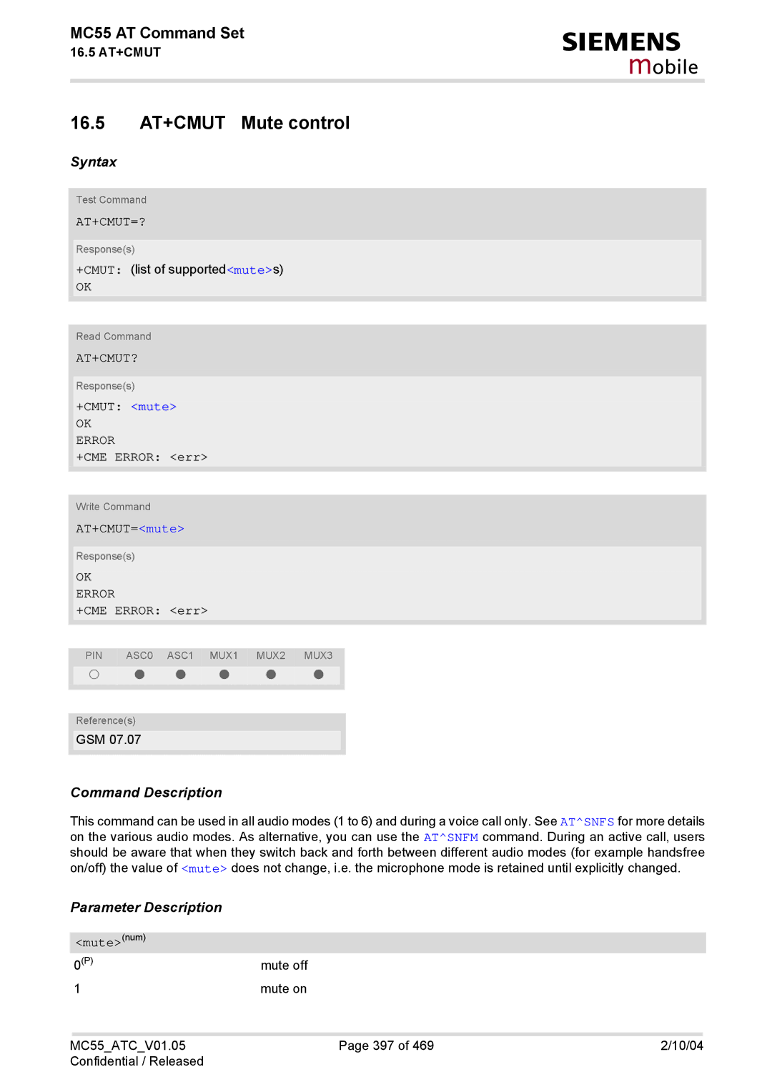 Siemens MC55 manual 16.5 AT+CMUT Mute control, At+Cmut=?, At+Cmut? 