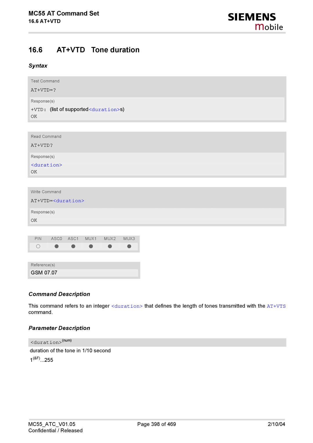 Siemens MC55 manual 16.6 AT+VTD Tone duration, At+Vtd=?, At+Vtd?, Duration, AT+VTD=duration 