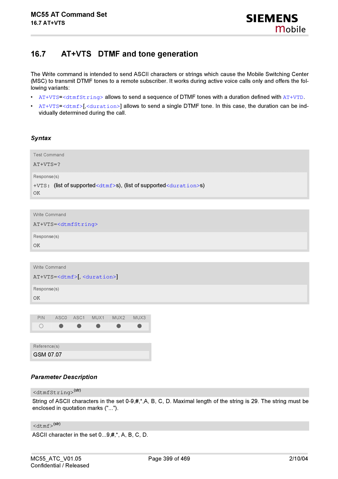 Siemens MC55 manual 16.7 AT+VTS Dtmf and tone generation, At+Vts=?, AT+VTS=dtmfString, AT+VTS=dtmf, duration 