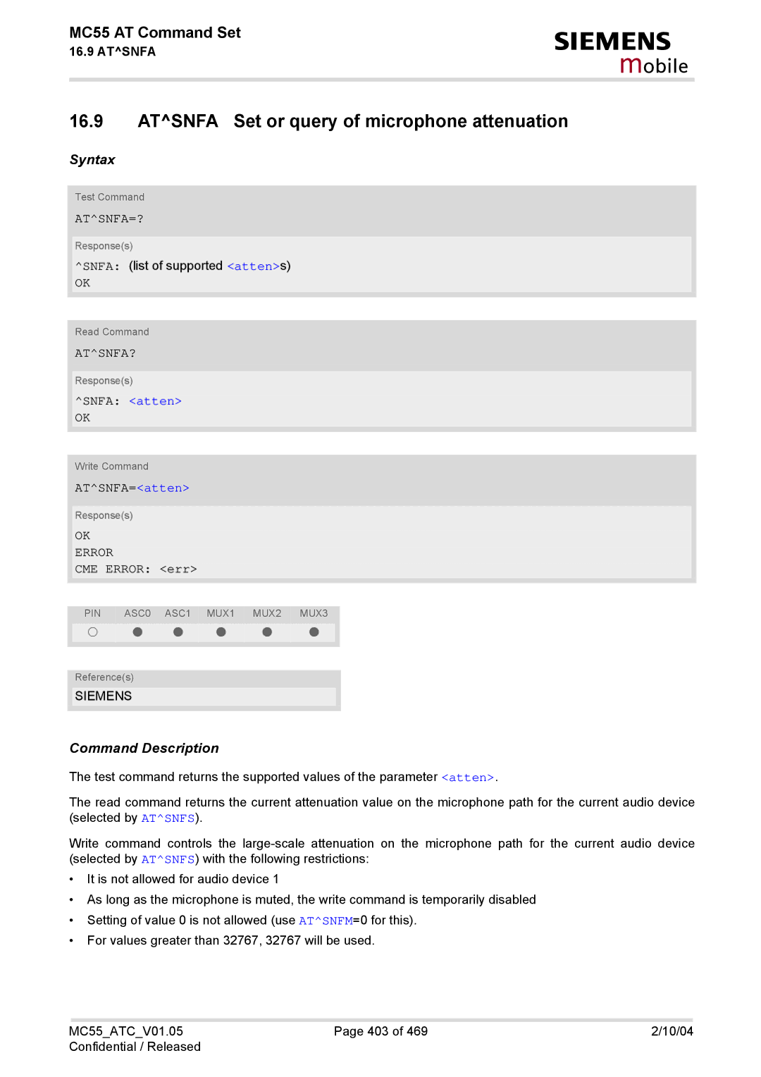 Siemens MC55 manual Atsnfa Set or query of microphone attenuation, Atsnfa=?, Atsnfa? 