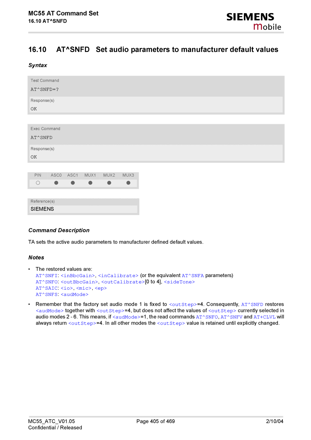 Siemens MC55 manual Atsnfd Set audio parameters to manufacturer default values, Atsnfd=? 