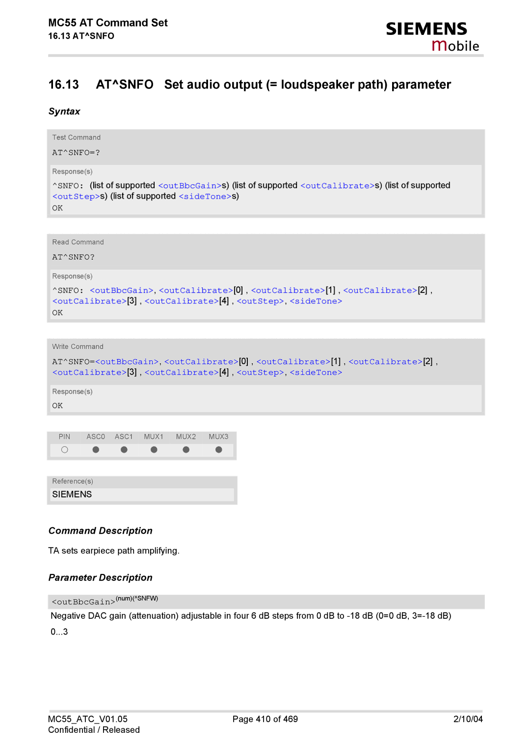 Siemens MC55 manual Atsnfo Set audio output = loudspeaker path parameter, Atsnfo=?, Atsnfo?, OutBbcGainnumSNFW 