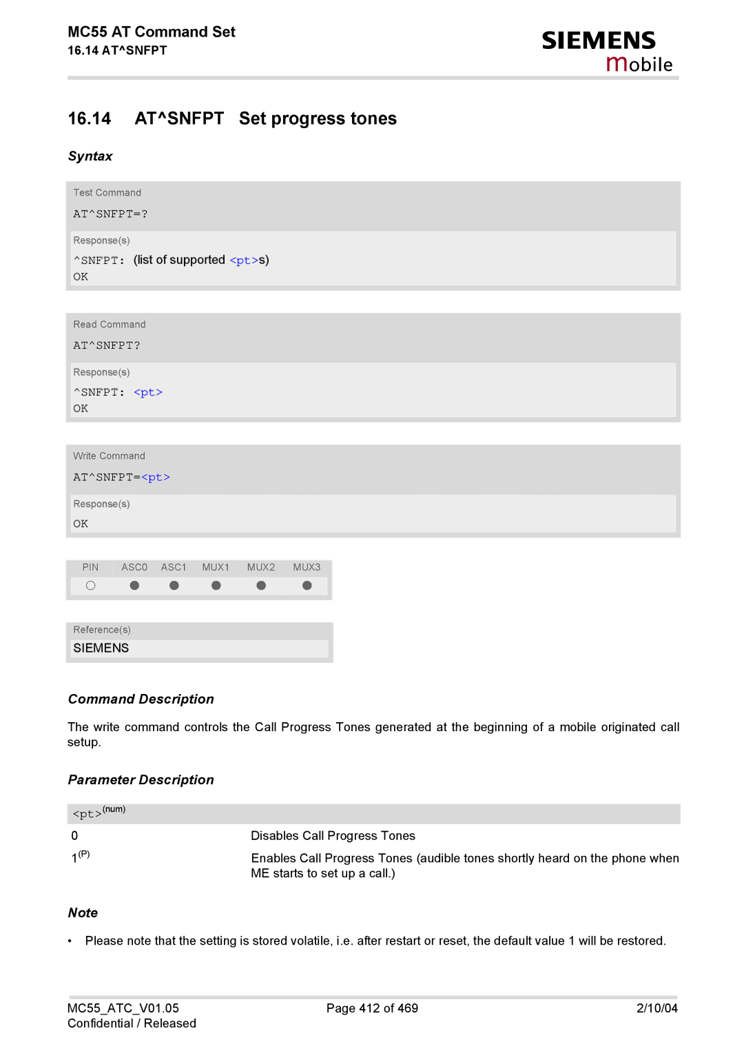 Siemens MC55 manual Atsnfpt Set progress tones, Atsnfpt=?, Atsnfpt?, Snfpt pt, ATSNFPT=pt 