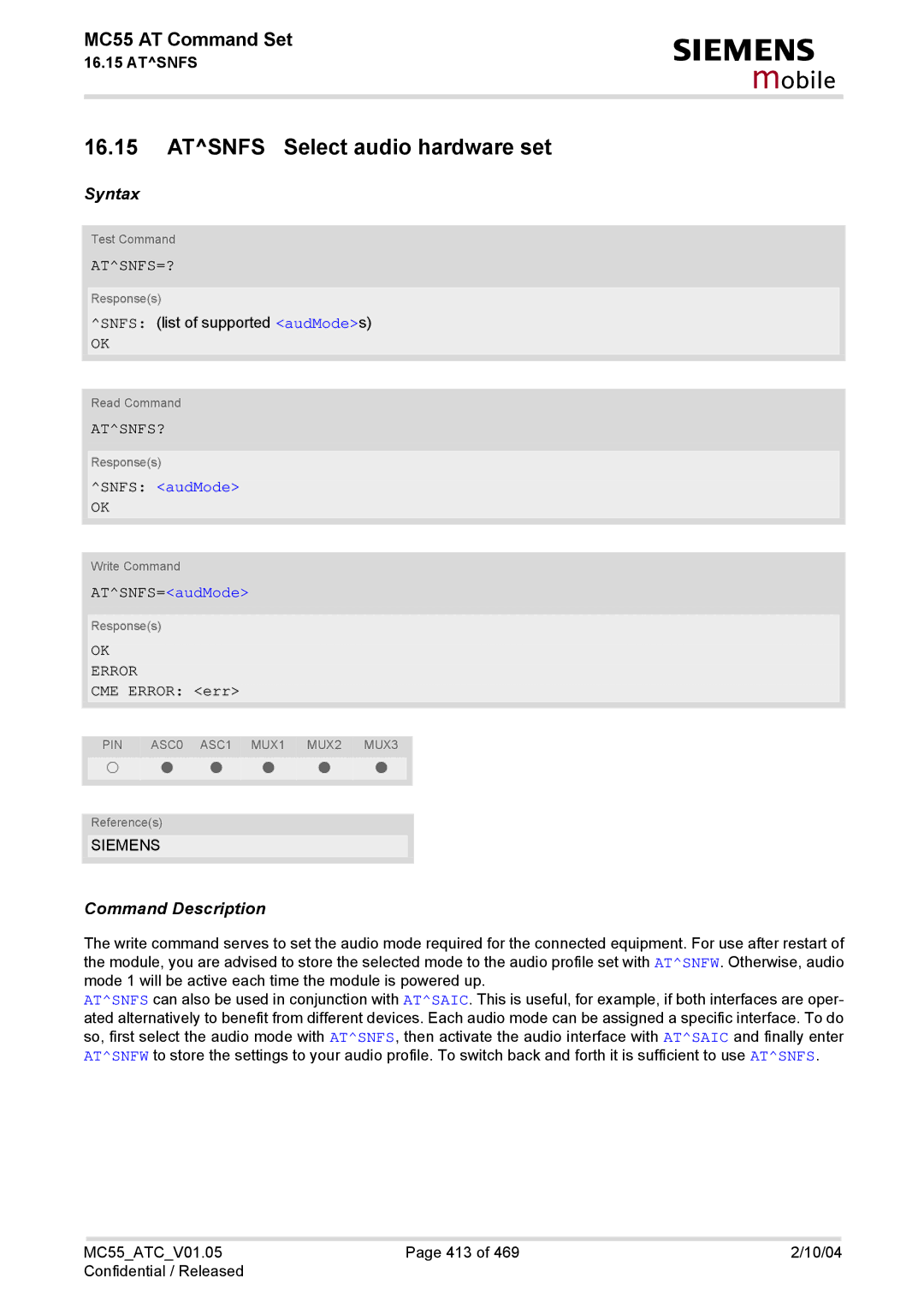 Siemens MC55 manual Atsnfs Select audio hardware set, Atsnfs=?, Atsnfs?, Snfs audMode, ATSNFS=audMode 