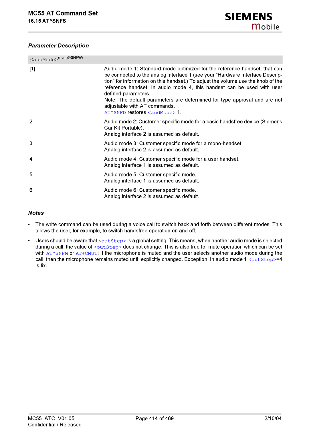 Siemens MC55 manual Atsnfd restores audMode 