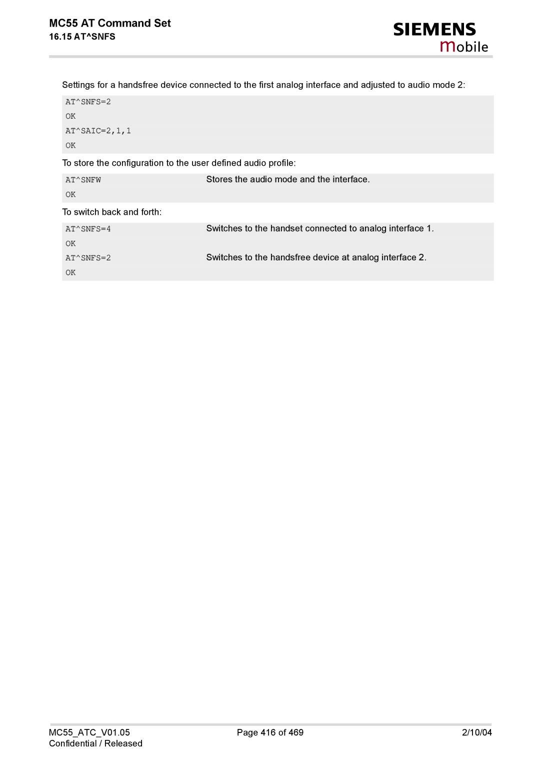 Siemens MC55 manual ATSAIC=2,1,1 