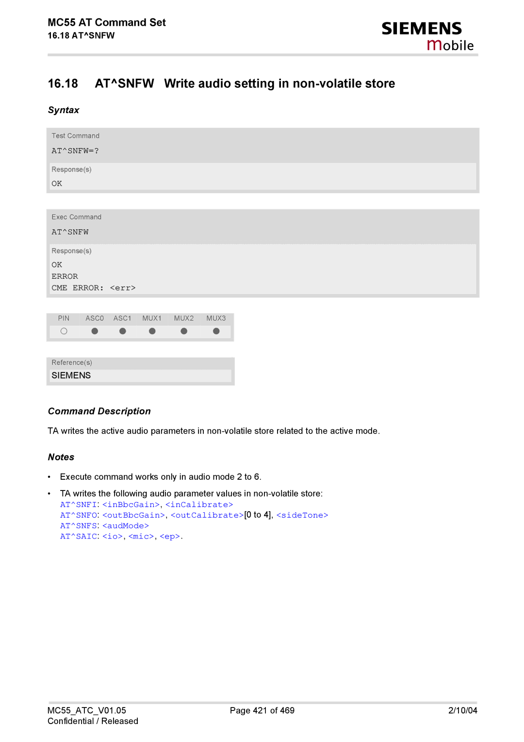 Siemens MC55 manual Atsnfw Write audio setting in non-volatile store, Atsnfw=? 