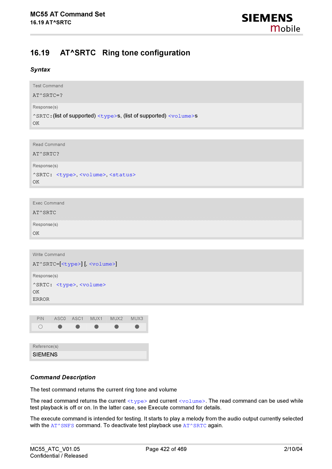 Siemens MC55 manual Atsrtc Ring tone configuration, Atsrtc=?, Atsrtc? 