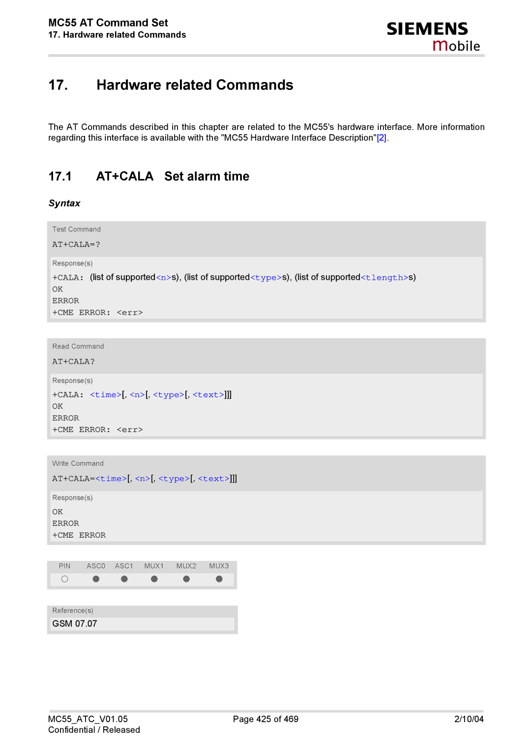 Siemens MC55 manual Hardware related Commands, 17.1 AT+CALA Set alarm time, At+Cala=?, At+Cala? 