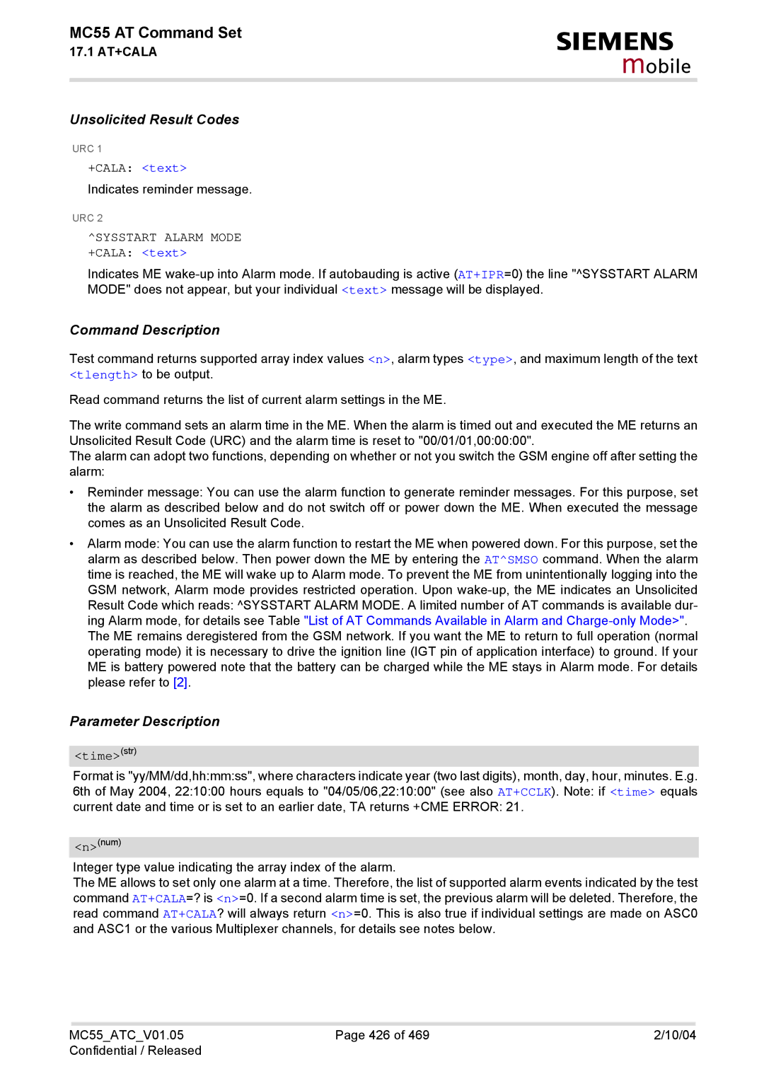 Siemens MC55 manual Sysstart Alarm Mode +CALA text 