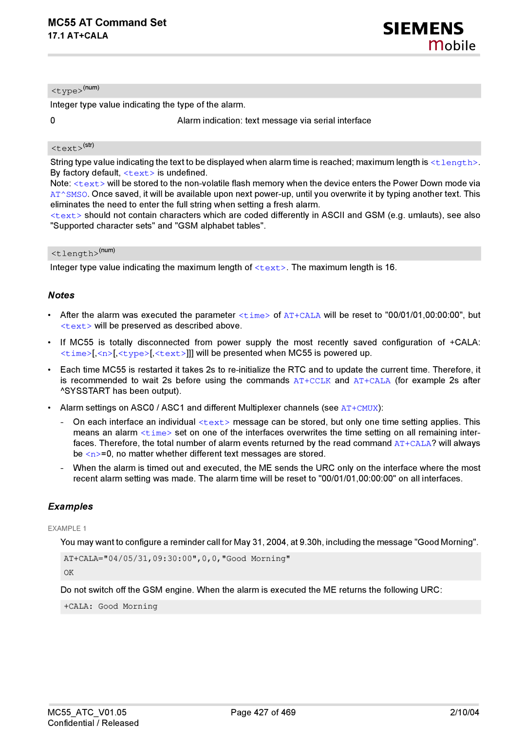Siemens MC55 manual AT+CALA=04/05/31,093000,0,0,Good Morning, +CALA Good Morning 