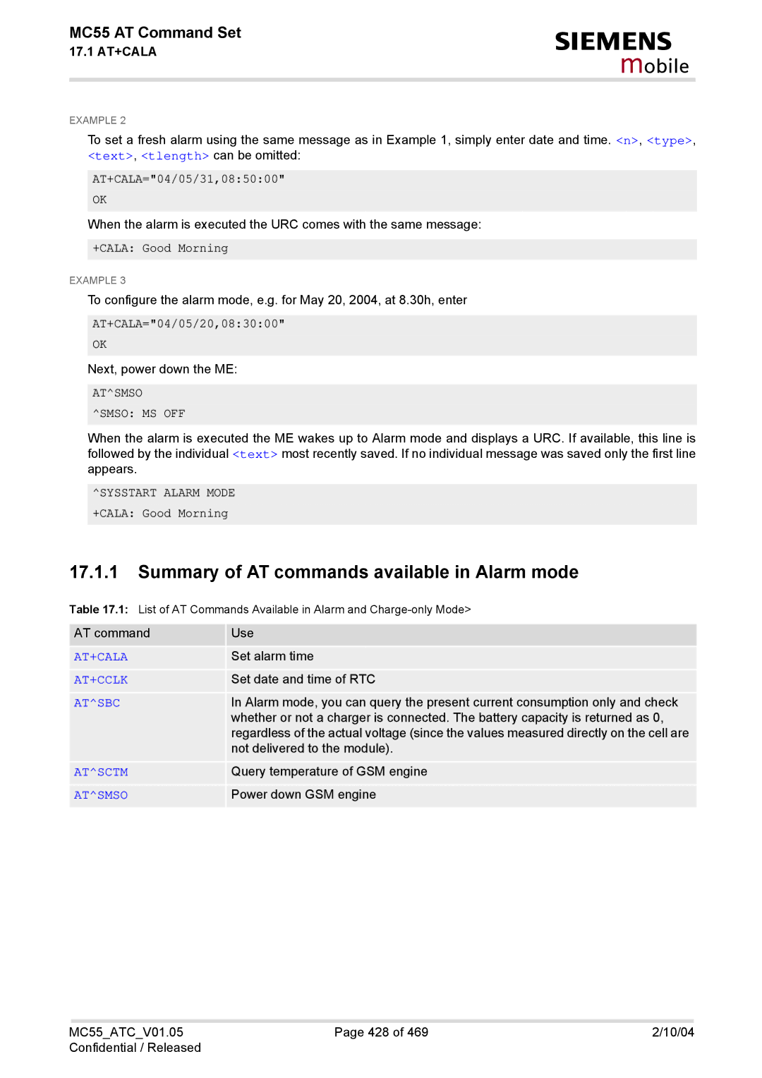 Siemens MC55 manual Summary of AT commands available in Alarm mode, AT+CALA=04/05/31,085000, AT+CALA=04/05/20,083000 