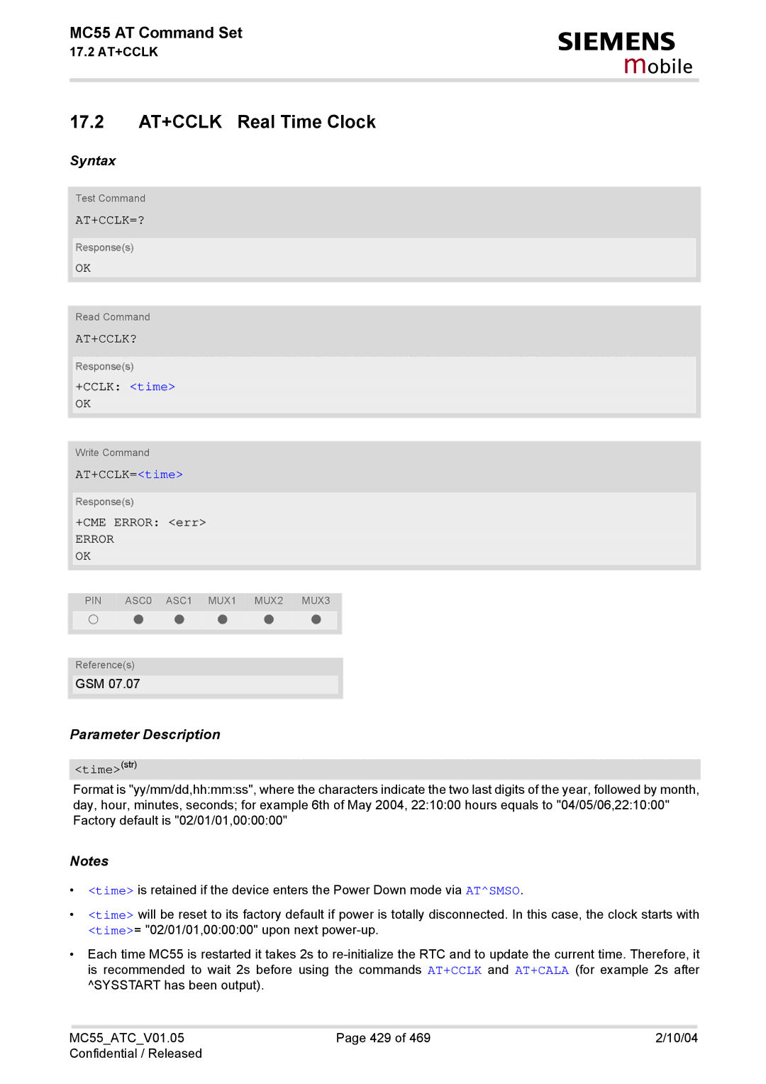 Siemens MC55 manual 17.2 AT+CCLK Real Time Clock, At+Cclk=?, At+Cclk?, Error OK 
