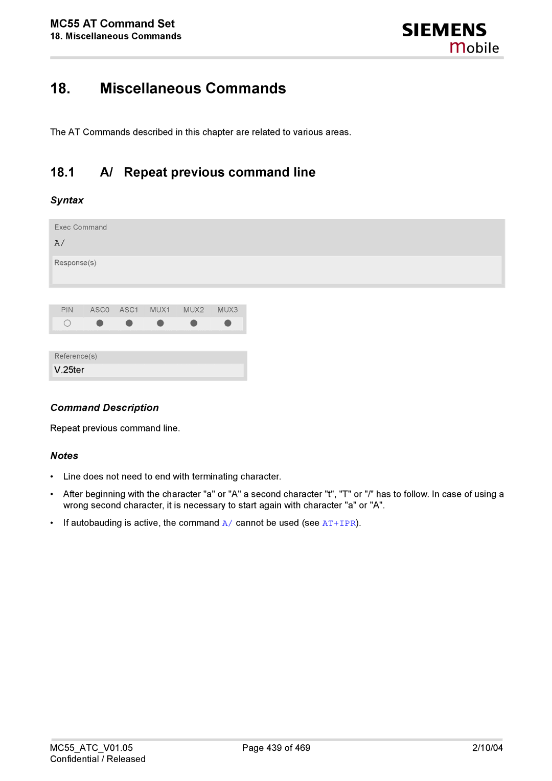 Siemens MC55 manual Miscellaneous Commands, 18.1 A/ Repeat previous command line 