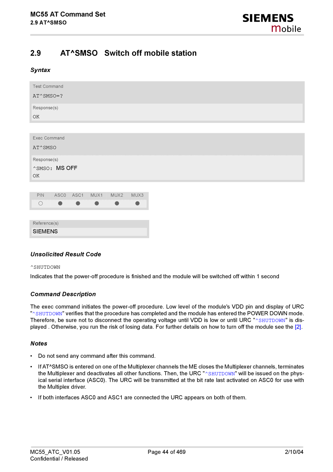 Siemens MC55 manual Atsmso Switch off mobile station, Atsmso=?, Smso MS OFF OK, Shutdown 