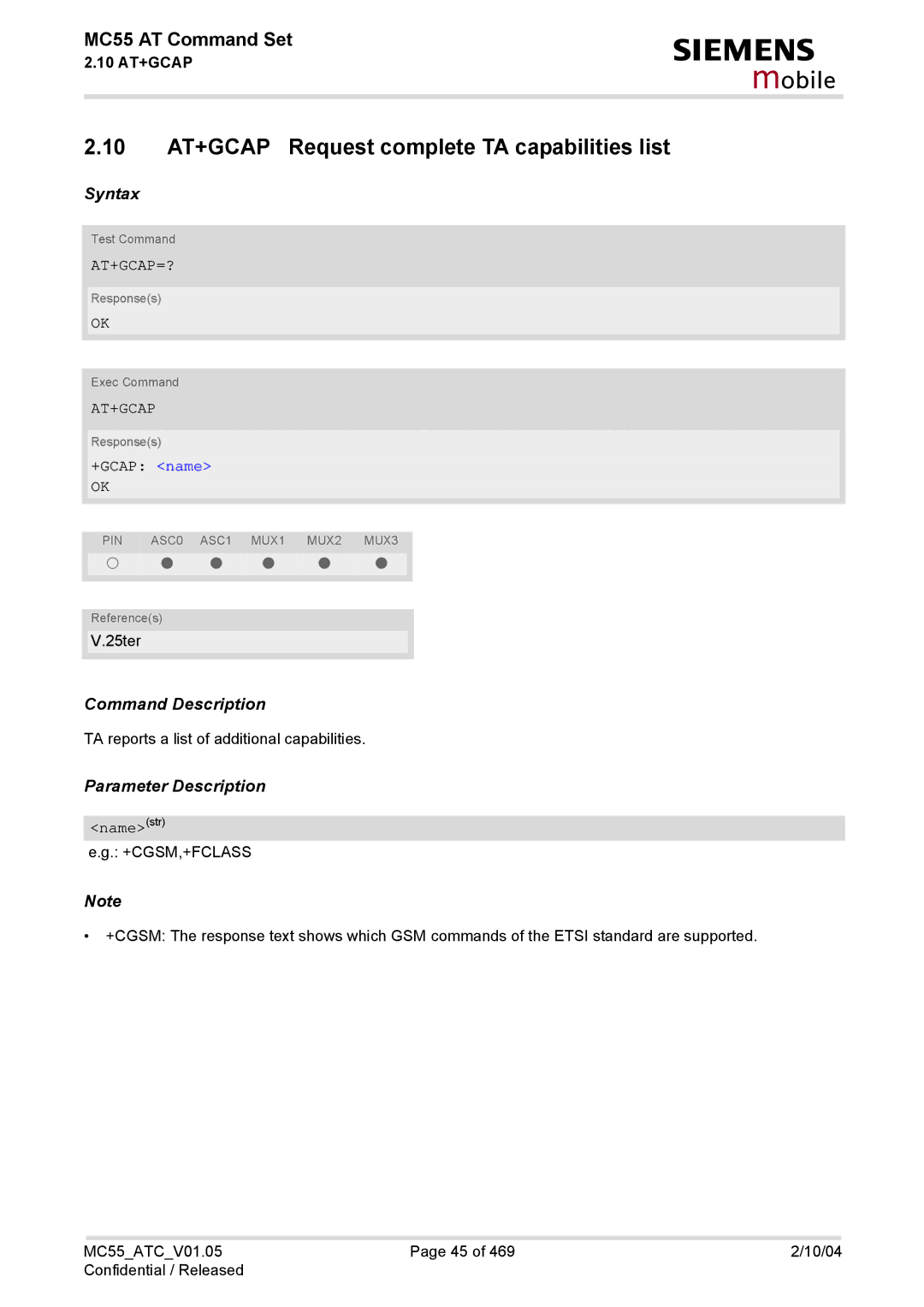 Siemens MC55 manual 10 AT+GCAP Request complete TA capabilities list, At+Gcap=?, +GCAP name, Namestr 