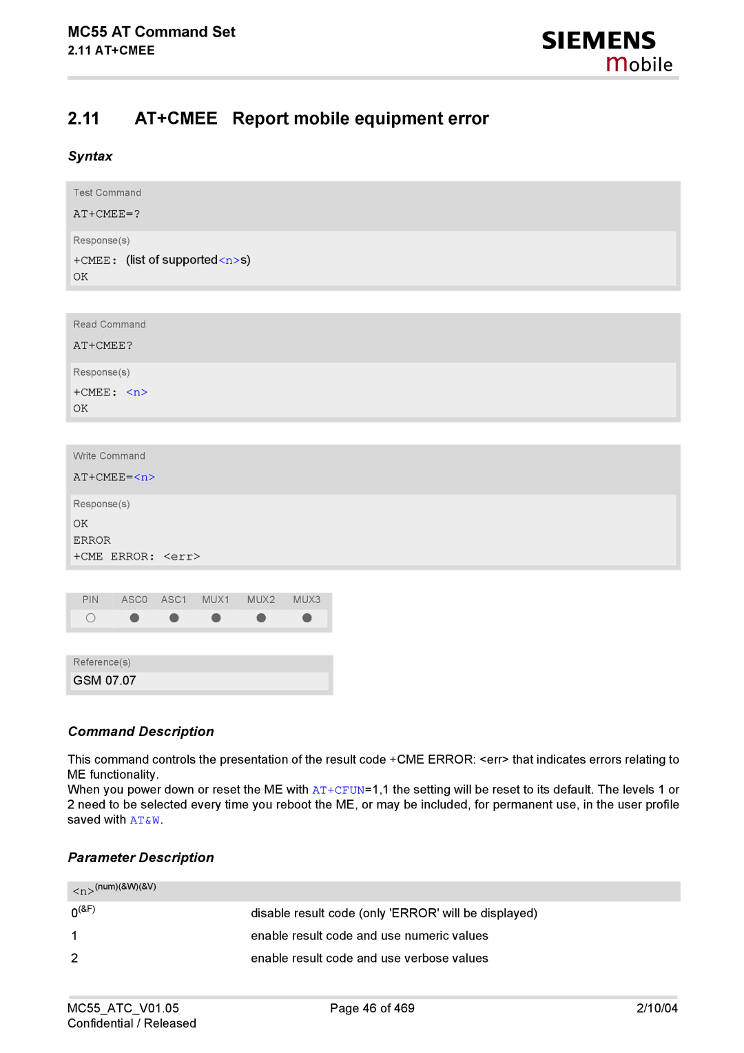 Siemens MC55 manual 11 AT+CMEE Report mobile equipment error, At+Cmee=?, At+Cmee?, OK Error 