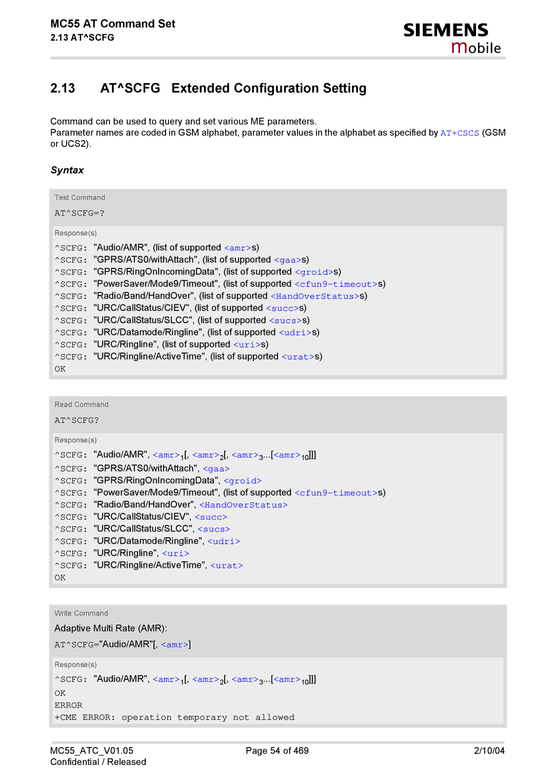 Siemens MC55 manual Atscfg Extended Configuration Setting, Atscfg=?, Atscfg?, +CME Error operation temporary not allowed 